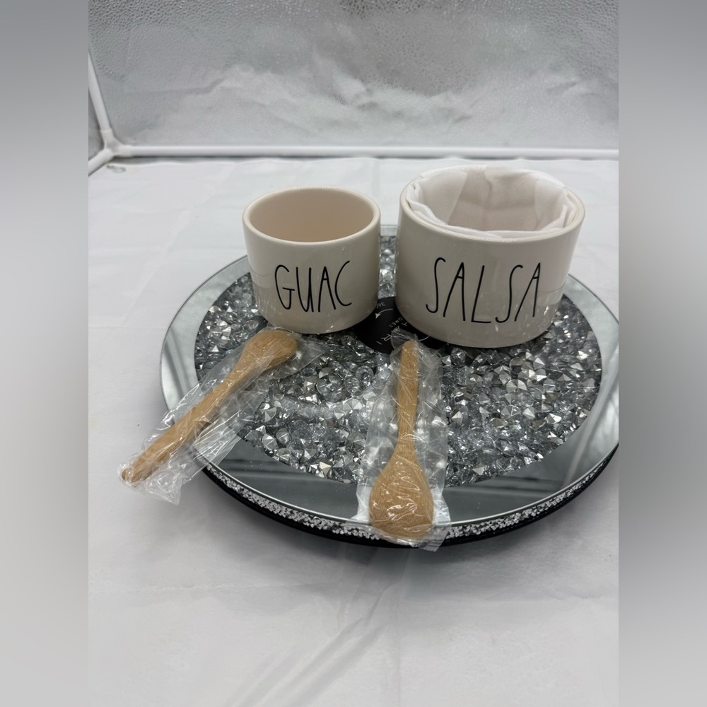 Rae Dunn Artisan Collection - Guac and Salsa Bowl Set with two bamboo spoons.
